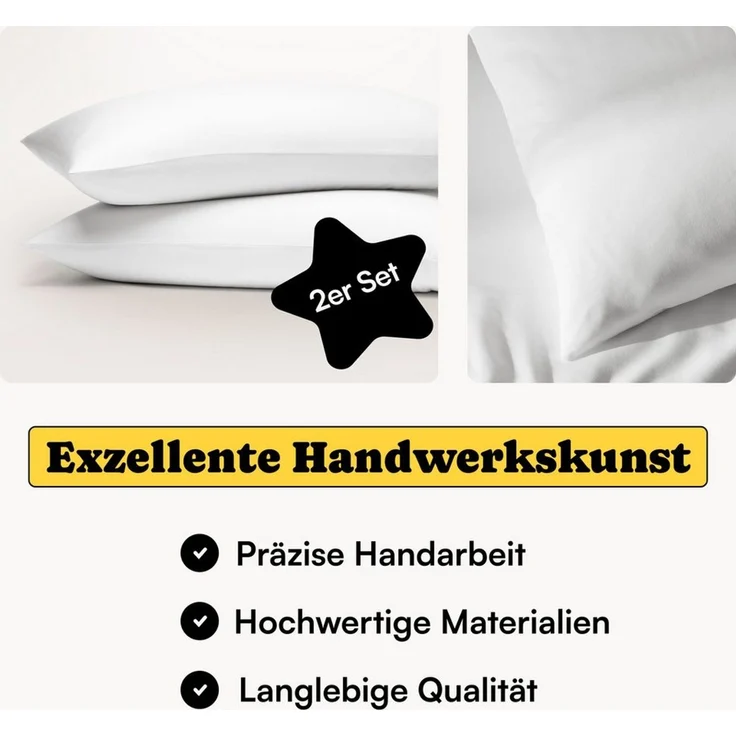 Seralino Seitenschläferkissenbezug Mako Satin Kissenbezug (100% Bio Baumwolle) weich, hautfreundlich, (2 Stück), Fairtrade/ GOTS zertifizierte uni Kissenhülle mit Reißverschluss – Bild 2