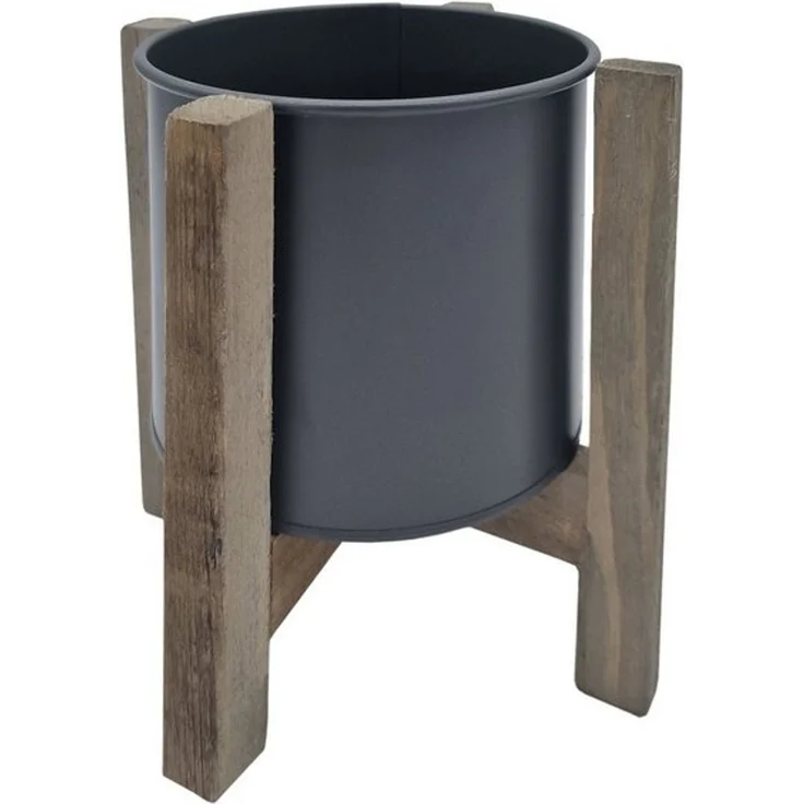Spetebo Übertopf Metall Blumen Topf m. Holz Ständer grau - 20 cm – Bild 3
