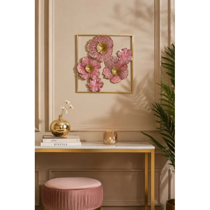 Metall Wanddeko Blumen 50x50 cm Goldrahmen Flamingo Rosa Wandbild – Bild 1