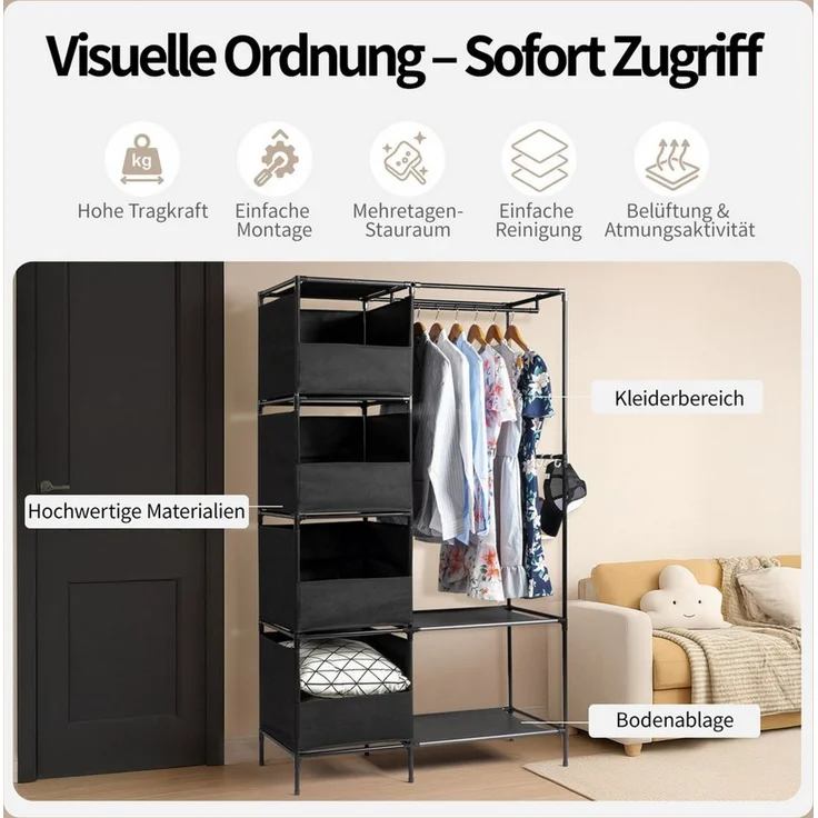 HT Stoffschrank Kleiderschrank aus Vliesstoff, 170x102x42,5cm 4-stufiger zweireihiger Hängeschrank mit Vorhängen und Ablagefächern – Bild 4