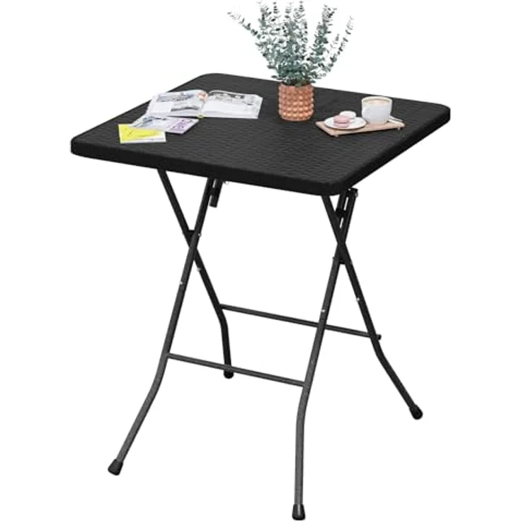 eSituro Klapptisch Gartentisch, Beistelltisch Outdoor, klappbarer Balkontisch Campingtisch Bistrotisch, quadratische Tischplatte in Rattanoptik, Schwarz, 61 x 73 x 61 cm SCPT0039 – Bild 2
