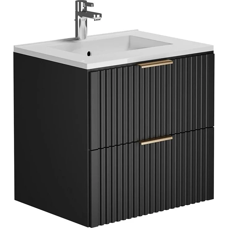 Vente-unique - ZEVARA Waschbeckenmöbel Holz, PlatteKeramik Schwarz - B 46 cm x H 57 cm x L 60 cm – Bild 1