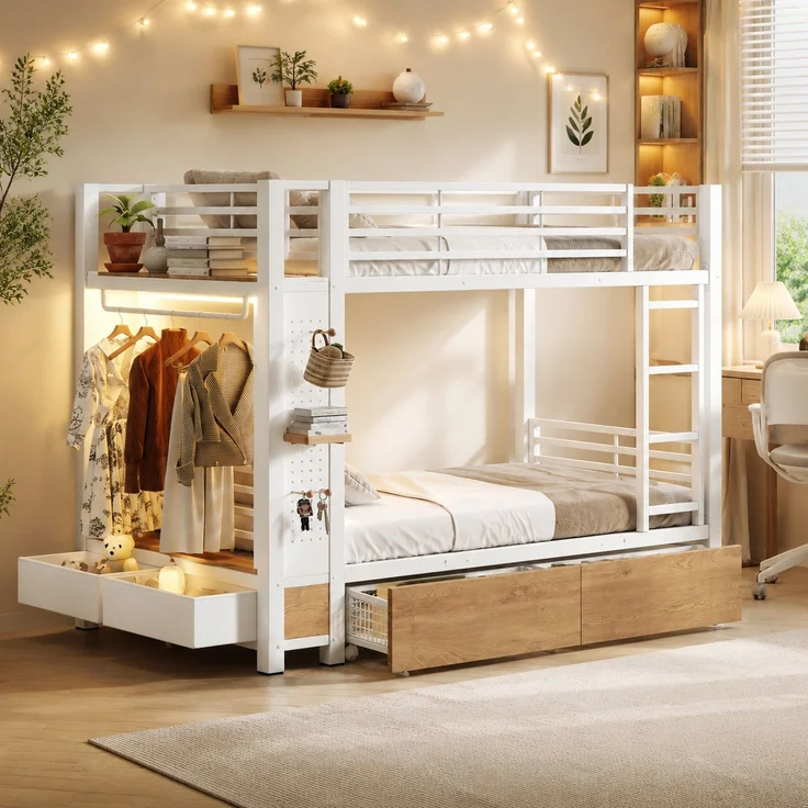 Etagenbett,,90x 200 cm,,Eisenrahmen,4 Schubladen, mehrere Ablageflächen,,mit LED-Lichtleiste,,mit Kleiderstange,Matratze nicht im Lieferumfang enthalten,EN747-zertifiziert,Weiß – Bild 3