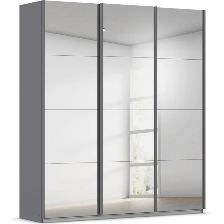 Rauch Möbel Kulmbach, Kleiderschrank mit Schwebetüren für Schlafzimmer, Kinderzimmer, Flur, 3-türig, mit Spiegel und Soft-Close-Funktion, Zubehör Premium, Farbe Grau metallic, Schwarz, Breite 203 cm