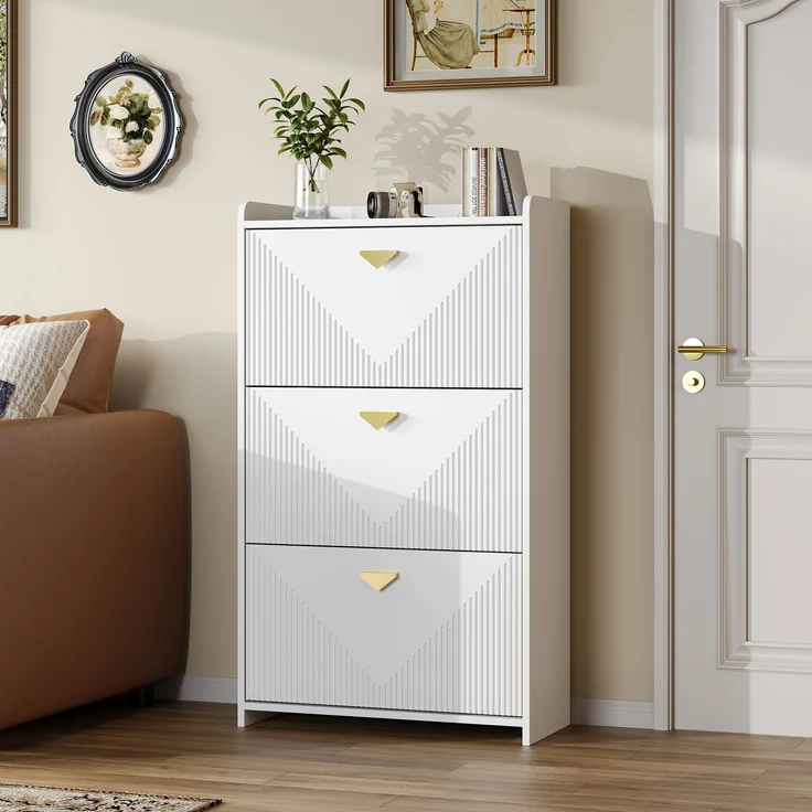 Schuhschrank 70x30x120 cm Weiß 3 Klapptüren verstellbare Trennwände gold Griffe – Bild 5