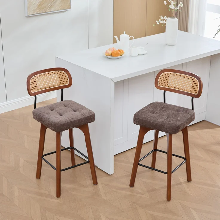2er-Set um 360° drehbare Barhocker, Küchen- und Frühstücksbarhocker mit Rückenlehne, Rückenlehne aus Rattan mit gepolsterter Sitzfläche, Barhocker im modernen Mid-Century-Stil(Braun, Chenille)--Kaffee--51x44x96cm--YOUDENOVA – Bild 9