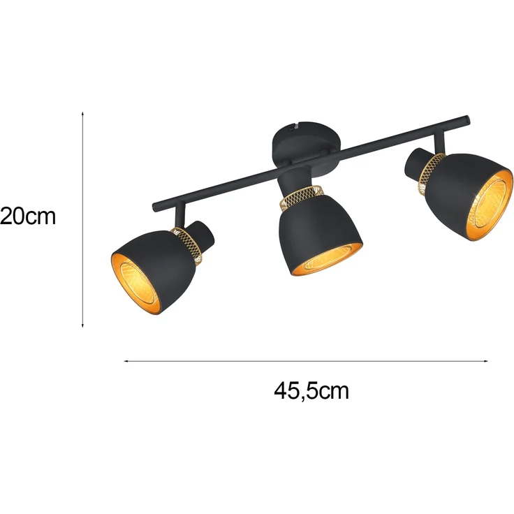 Deckenstrahler PUNCH 3-flammig Schwarz Gold mit Drahtgeflecht, Breite 45cm – Bild 4