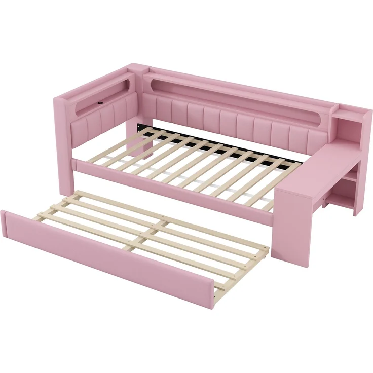 U-life Gepolstertes Tagesbett 90x200 cm mit Ausziehbett, Schreibtisch, USB-Ladestation und LED-Beleuchtung, Rosa – Bild 2