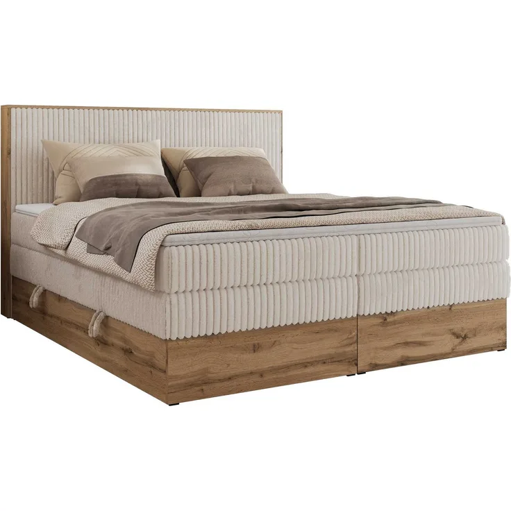 MKS MÖBEL Boxspringbett WOOD CLASSIC KING, Polsterbett mit Multipocket-Matratze, Topper T25/Visco, hohem Kopfteil und zwei Bettkästen in Wotan Eiche