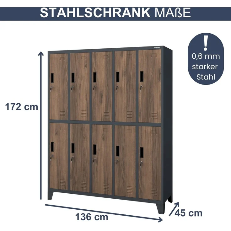 Umkleideschrank Spind BERLIN - 10 Abteile, Etikettenhalter Lüftungsschlitze | Umkleidespind Schließfachschrank Garderobenspind, 172x136x45cm Anthrazit-Nussbaum – Bild 2