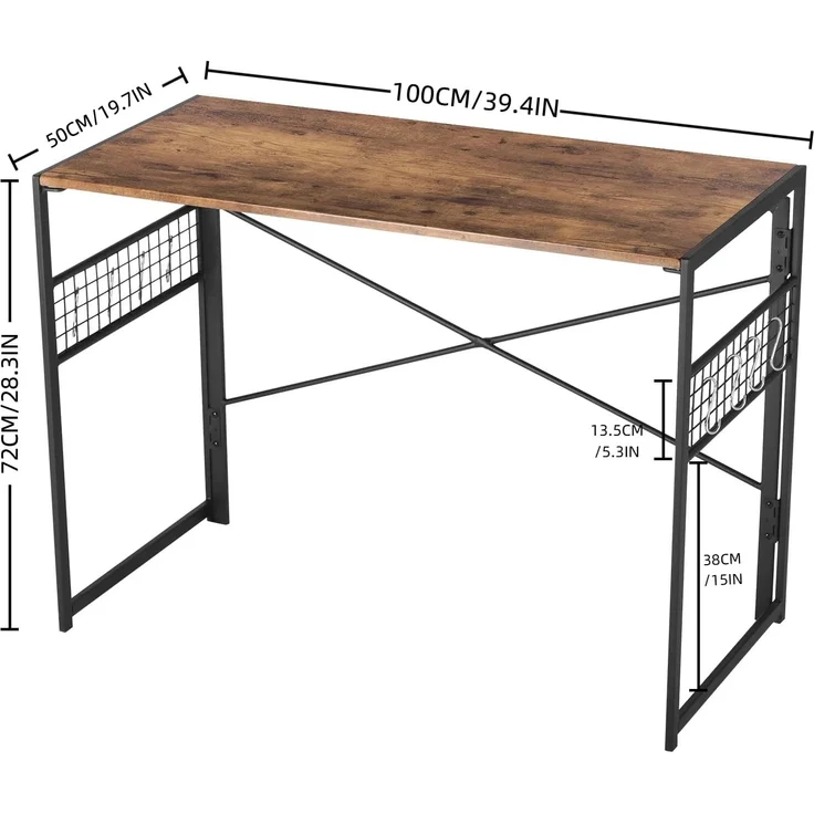 FurnitureR Faltbarer Schreibtisch 100 x 50 x 75 cm – Computertisch mit Metallrahmen & MDF-Holzplatte – Klappbarer Arbeitstisch für Home Office, Gaming & Studium – Industrial Design (Vintage) – Bild 3