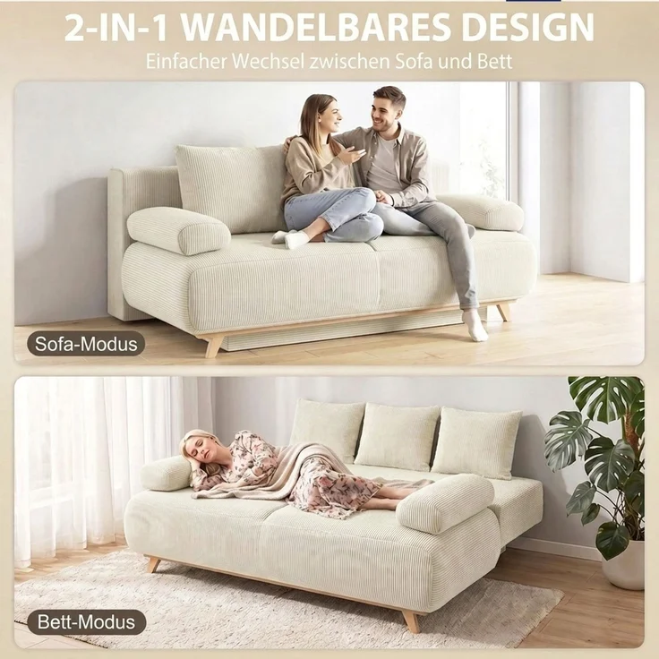 HOMCOM Schlafsofa, Cord (90 % Polyester, 10 % Nylon), Beige, 188 x 100 x 84 cm – Bild 4
