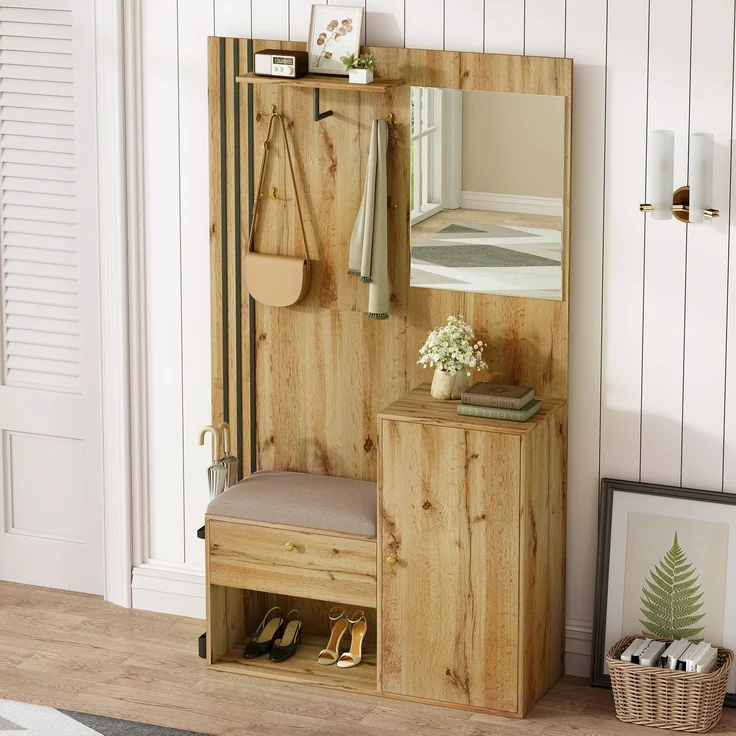 Flurgarderobe 115 x 37 x 185 cm mit Sitzbank,Spiegel, Kleiderstange,verstellbaren Regalen,Soft-Close – Bild 6