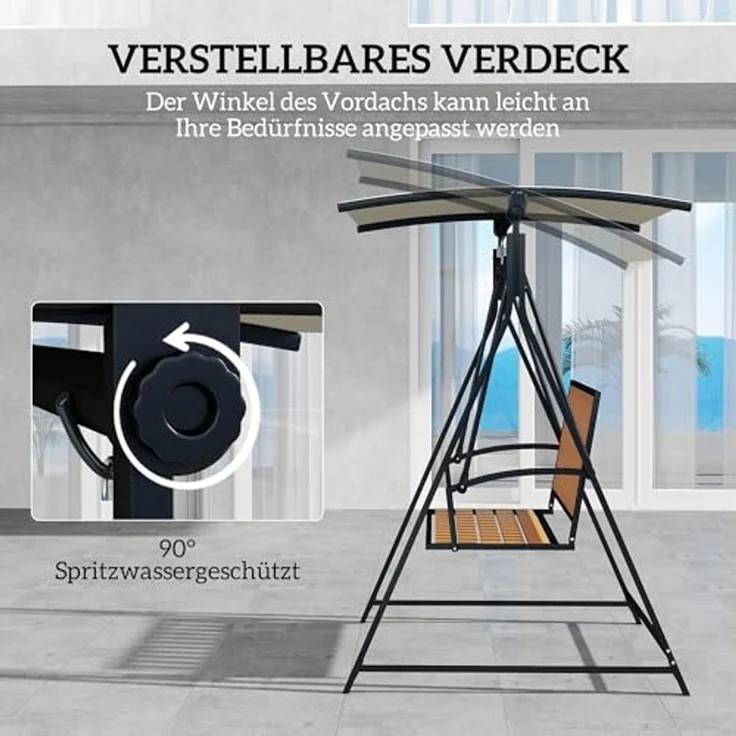 Outsunny Hollywoodschaukel mit verstellbarem Sonnendach, 2-Sitzer, Schaukelfunktion, 2-Sitzer Gartenschaukel, 1 tlg, wetterfest Schaukelbank, für Garten, Terrasse, 142 x 112 x 162cm, Schwarz – Bild 3