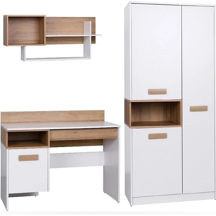 Marmex Möbel Grant Set-I Jugendzimmer-Set 3-teilig mit Kleiderschrank mit Kleiderstange, Schreibtisch, Wandregal, Kinderzimmermöbel mit Schreibtisch, laminierte Spanplatte, Kleiderstange, weiß+riviera Eiche, 198x195x55 cm – Bild 5