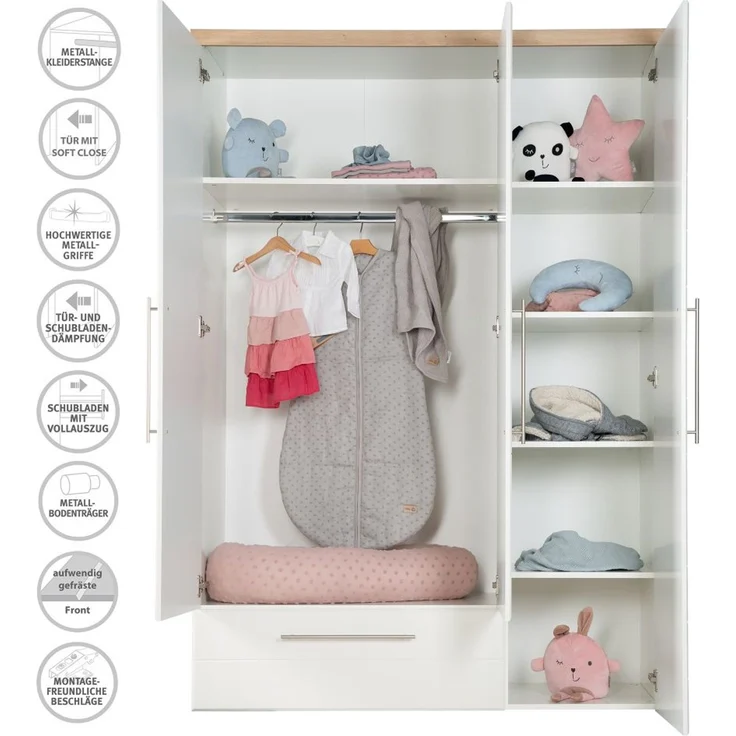 roba Kinderzimmerset 'Nele' 3-teilig - Bett 70 x 140 - Wickelkommode - Kleiderschrank 3-türig - Weiß – Bild 22