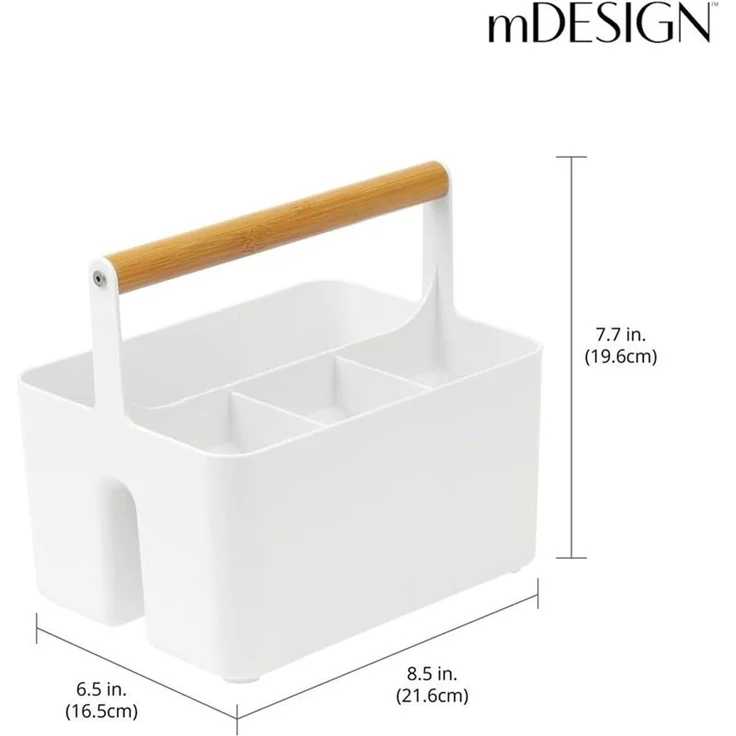 mDesign Besteckkorb Aufbewahrungskorb Holzgriff 4 Fächer Organizer Weiß – Bild 2