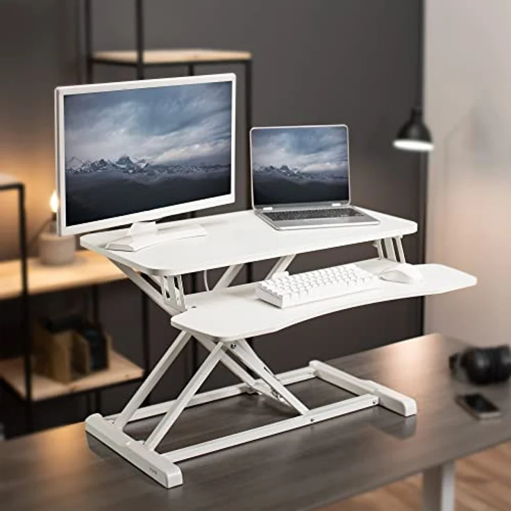 VIVO 32 Zoll Stehpult-Konverter, höhenverstellbarer Aufsatz, Sitz-Steh-Arbeitsplatz für Zwei Monitore und Laptop mit breiter Tastaturablage, Weiß, DESK-V000KW – Bild 3