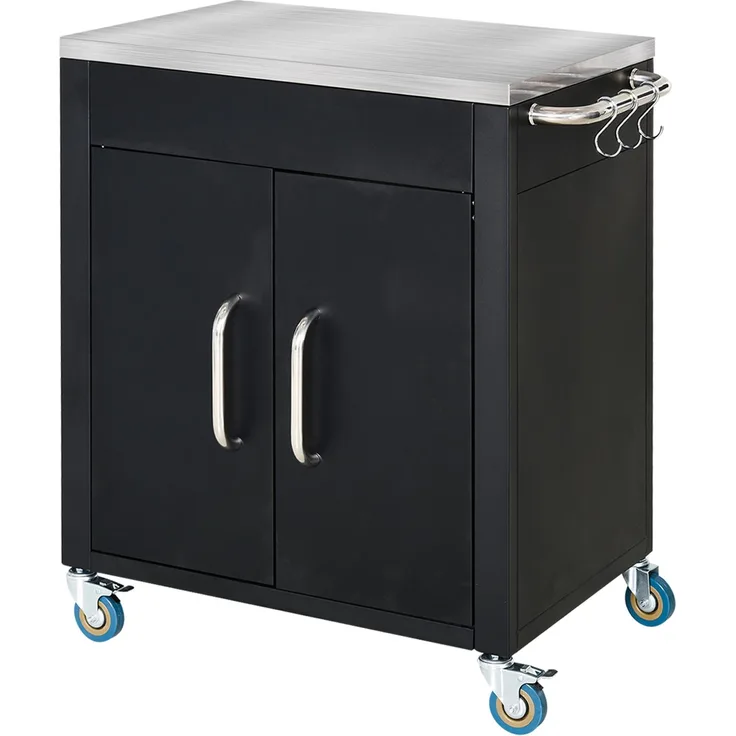 EINHOM Küchenwagen mit Rollen Servierwagen mit Schrank & Haken Edelstahlgriffe Schwarz 86 x 50 x 86, 5 cm für Küche & Esszimmer