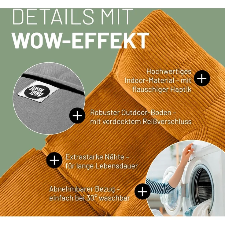 Lumaland Modulares Basic Set - Cord-Reihe | Indoor Sitzsäcke mit Softer Struktur, ideal Sofa Modulen & zum Pouf | Bean Bag mit Füllung - für Wohnzimmer & Co. – Bild 7