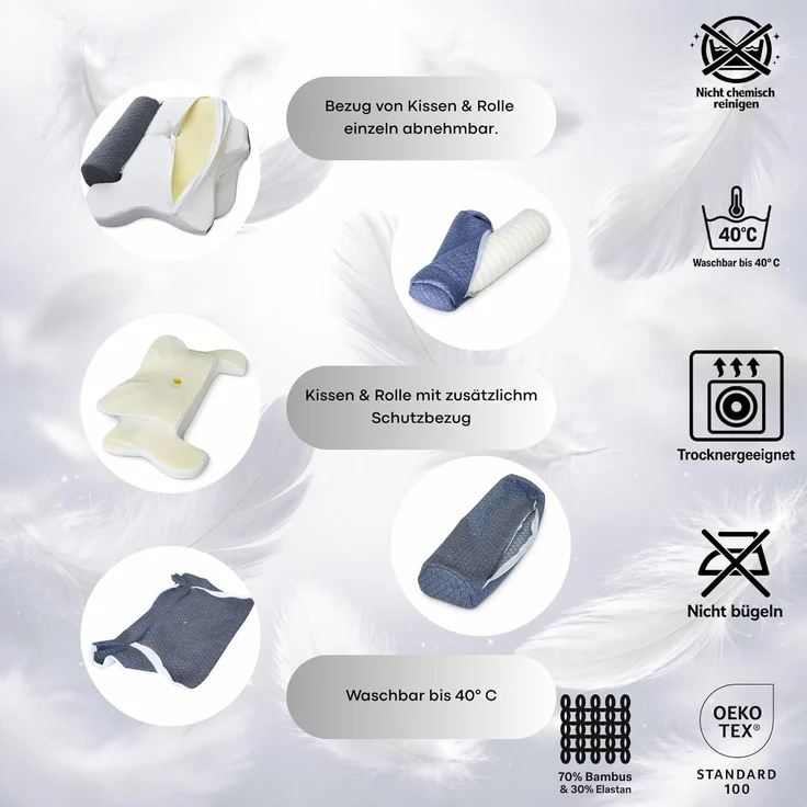 Ergonomisches Nackenstützkissen für Rücken, Seiten & Bauchschläfer - Memory Foam - hautfreundlicher Bambus Bezug - Oeko Tex® zertifiziert - 2in1 Funktion mit abnehmbarer Nackenrolle - 60x38 cm – Bild 7