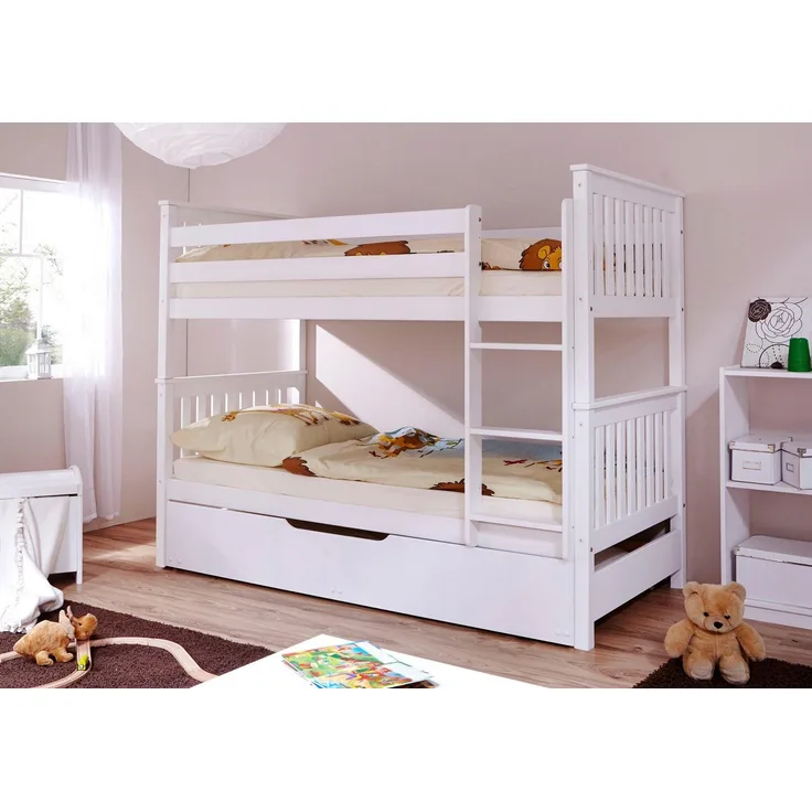 Ticaa Etagenbett Sammy, umbaubar zu 2 Einzelbetten, edles Design im Landhausstil (90x200cm), inklusive Schubkasten, 2x Rollrost, zertifiziertes Massivholz Kiefer