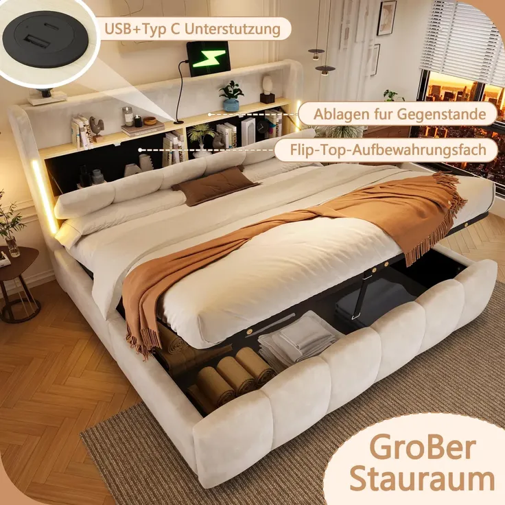 Polsterbett mit Stauraum, RGB LED-Streifen, Lattenrost, Regal, Aufbewahrung, USB und Type-C, gepolsterter Kopfteil, 180x200 cm, Stauraumbett, Samt – Bild 5