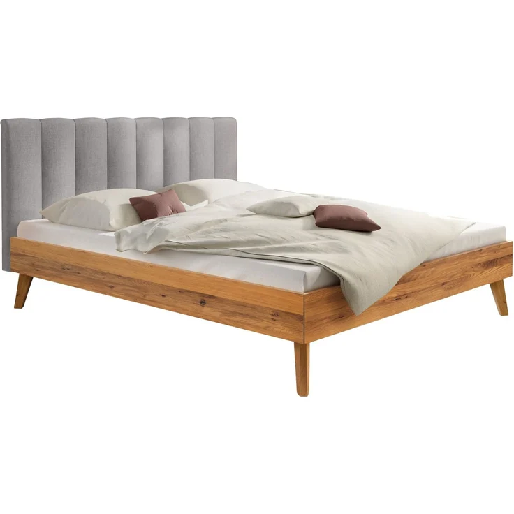 Hasena Massivholzbett Taliana Wildeiche mit Polster-Kopfteil, Bezug Pace Light Grey 200x200 cm, Komforthöhe 25 cm – Bild 1