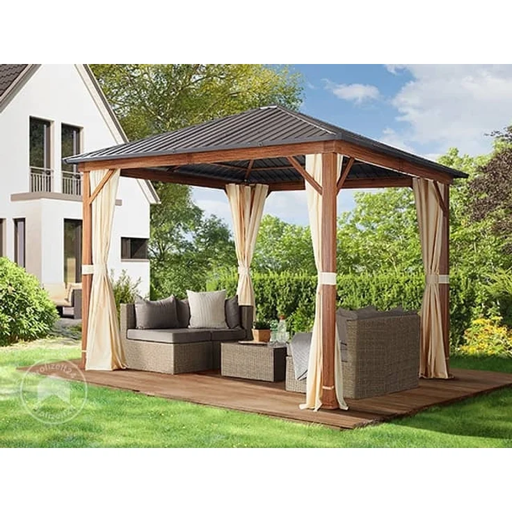 Gartenpavillon 3x3 m Holzoptik, Stahldach Hardtop 4 Seitenteile in champagner – Bild 1