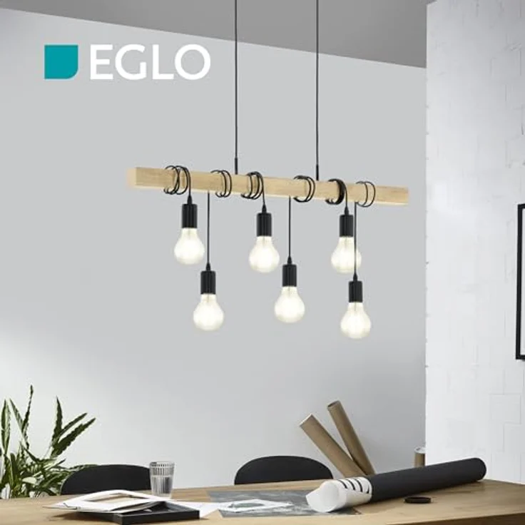 Eglo 95499 Pendelleuchte Townshend Stahl schwarz, Holz braun E27 6X40W L:100cm H:110cm dimmbar – Bild 4