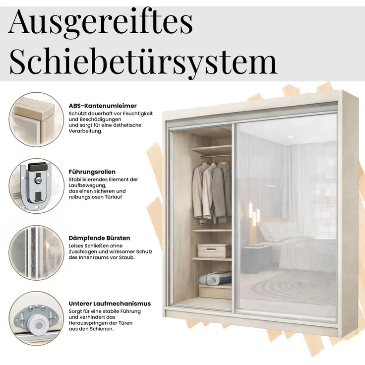 Schwebetürenschrank SKORIA mit großer Spiegelfront, Breite 240 cm, moderner Kleiderschrank, inkl. Innenausstattung und Stauraum - Kaschmir - mit Schubladen – Bild 7