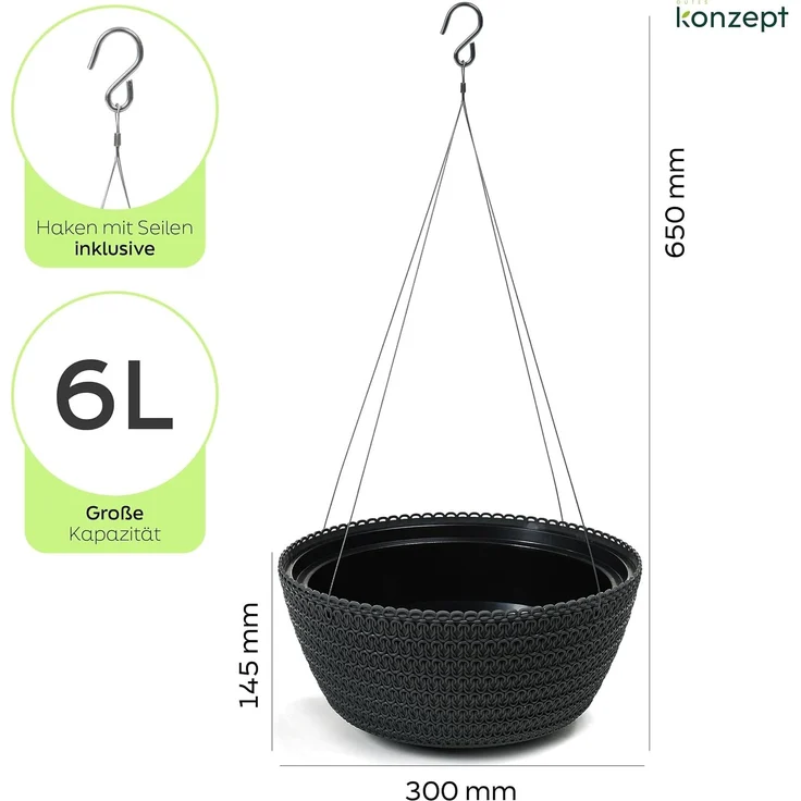 KONZEPT Blumenampel Hängend für Innen und Außen (Durchmesser: 30 cm Grau, Anthrazit, Weiß, Hängetopf für Pflanzen), geflochtenes Muster, robust – Bild 2