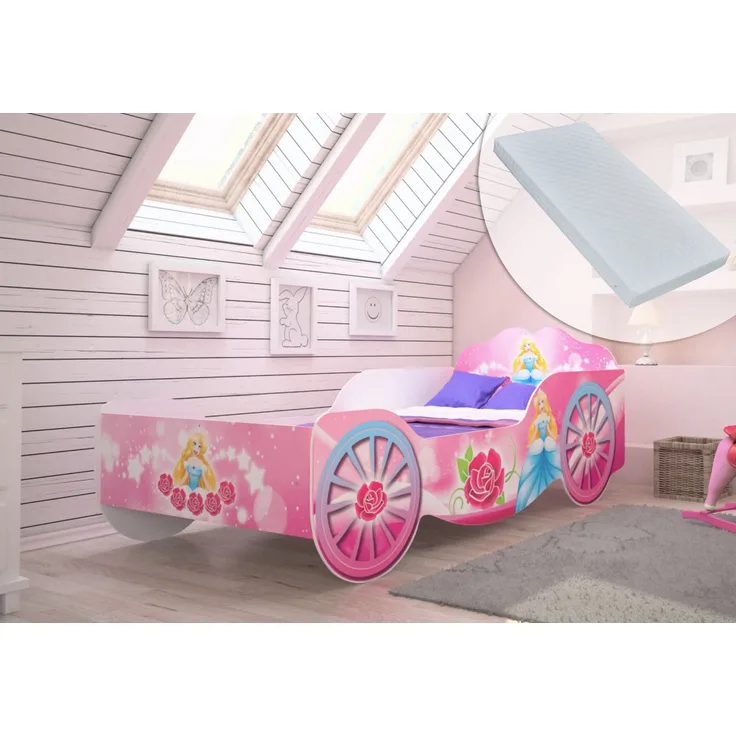 Kids Collective Kinderbett Kutsche Mädchenbett 70x140, 80x160 mit Rausfallschutz, und Matratze, Prinzessin Kinder Spielbett 140x70