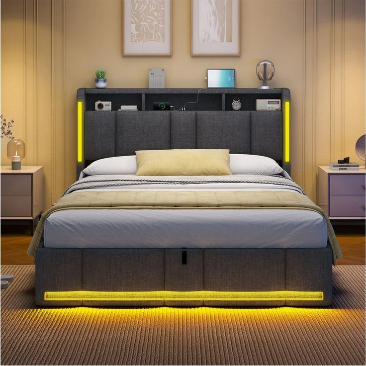 MSMASK Polsterbett Hydraulischem Stauraumbett mit LED Beleuchtung & Steckdosen (1-tlg, Ohne Matratze), Reichlich Lagerplatz unter dem Bett & am Kopfteil, 140x190 cm – Bild 3