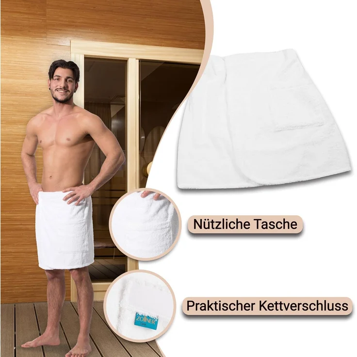 ZOLLNER Herren Saunakilt Frottee, weiß, 100% Baumwolle, L/XL – Bild 3