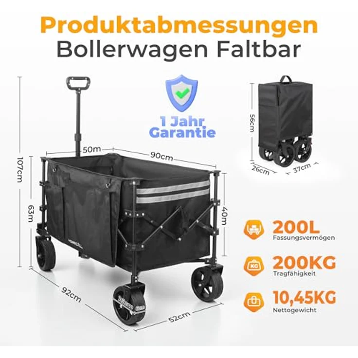 HOMECALL All-Terrain Bollerwagen 200L XXL-Volumen, klappbar mit Kühltasche, 200 kg Tragkraft, für Einkaufen, Camping und Garten – Bild 7