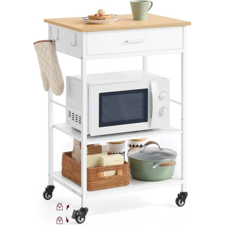 VASAGLE Küchewagen mit Rollen, mobiler Servierwagen mit Stauraum, Kücheninsel, 47 x 60 x 90 cm, Schublade, 2 Haken, für Esszimmer, eichenbeige-mattweiß – Bild 4