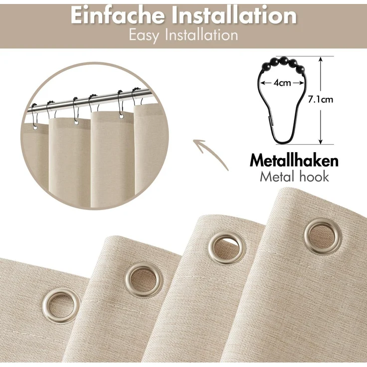 Woaboy Duschvorhang Leinenoptik Anti-Schimmel Beige 180x200 cm – Bild 3