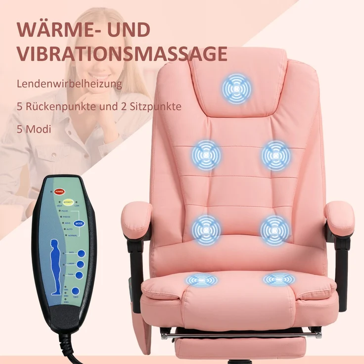 MELAYR, Massage-Bürostuhl, 7 Vibrationspunkte, verstellbare Fußstütze & Lehne, bis 120 kg, 79 x 67 x 121 cm, Rosa – Bild 6