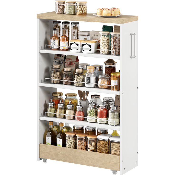 ZUBALIYA Nischenwagen 55 x 12 x 85 cm – 4 verstellbare Fachböden, 4 Lenkrollen, 25 mm Oberplatte, Geländer, MDF, Weiß, Naturfarben – Bild 8