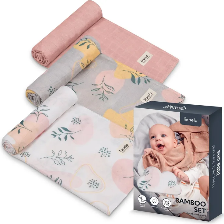 Lionelo Bamboo Set 3 Stück natürliche mullwindeln Bambus 70x70 | vom 1. Lebenstag, antibakteriell, antimykotisch, hypoallergisch, sanft, weich, Decke, Wickelunterlage (Dino)