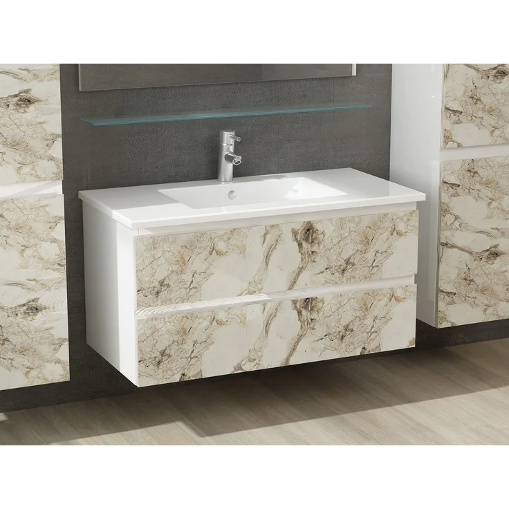 Homeline Badmöbel Set mit Schubladen Glas ablage (Diana Weiss Weiss-Marmor, 90 cm 2X Hochschrank) – Bild 3