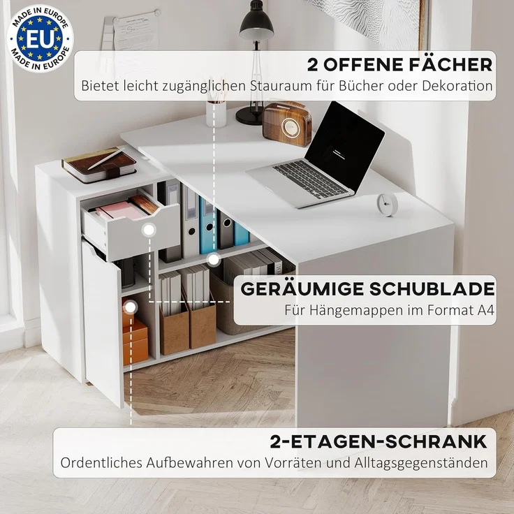 HOMCOM Eckschreibtisch mit Offenen Ablagen, Schublade, 1 Tür (Computertisch, 1-St, Winkelschreibtisch), für Dokumente im A4-Format, Arbeitszimmer, 120 x 96 x 75 cm, Weiß – Bild 4