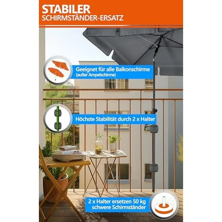 4smile Sonnenschirm Balkon SunnyShade, 200x125 cm, Anthrazit - UPF 50+ Sonnenschirm rechteckig als Sonnenschutz Balkon - SunnyEasy Balkon-Schirm mit 2 x Sonnenschirmhalter + Sonnenschirmhülle – Bild 4