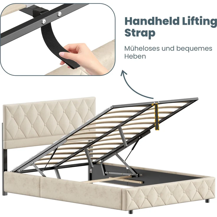 Polsterbett 140x200 cm mit Aufbewahrungsbox, Beige, Kunstleder, Lattenrost (ohne Matratze) – Bild 8