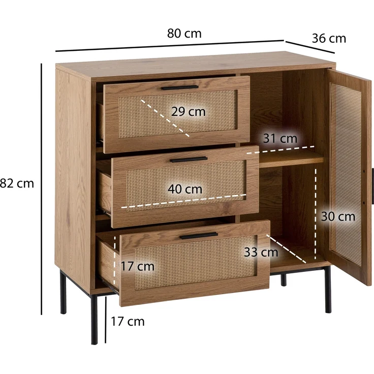 FINEBUY Kommode FB104164 (80 cm Anrichte, Eiche Rattan Stauraum Schublade), Kommode Tür Modern, Hoher Kommodenschrank – Bild 3