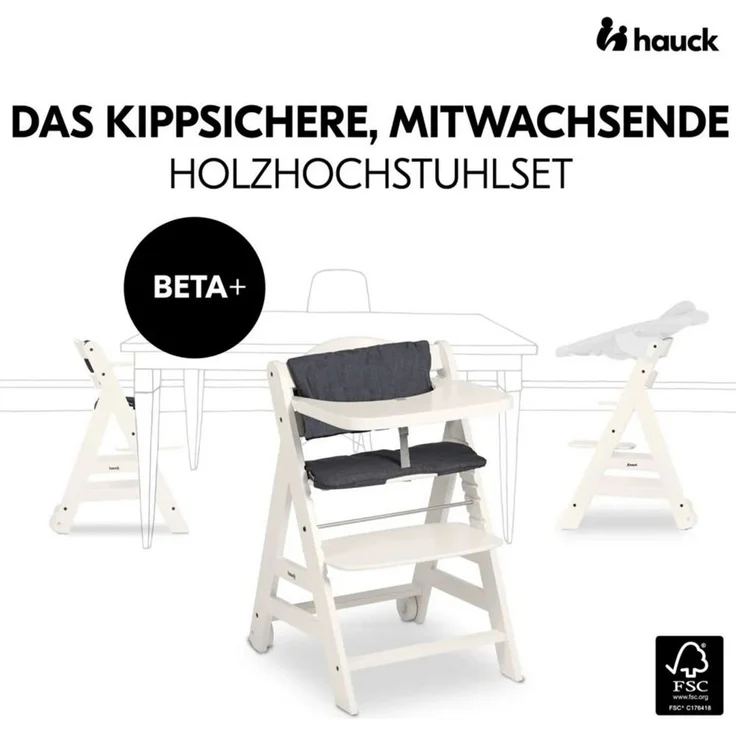 Hauck Hochstuhl Beta Plus White - Newborn Set, Babystuhl ab Geburt inkl. Aufsatz für Neugeborene, Tisch, Sitzauflage – Bild 2