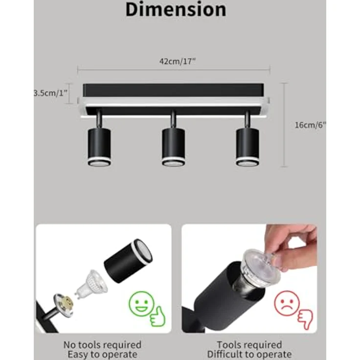 LVWIT LED Deckenstrahler Schwarz, Deckenlampe 3 Flammig Schwenkbar, GU10 Küchenlampe Deckenleuchte Srahler, Modern Deckenspot Lampe für Wohnzimmer, Schlafzimmer, Ohne Leuchtmittel – Bild 6