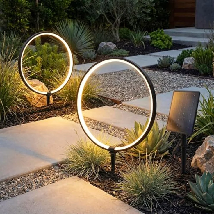 Arnusa Solar Gartenleuchten, LED Gartenstecker mit warmweißen Leuchtringen, Aluminium, 2er Set, flexibles Solarpanel mit 4 Lichtmodi – Bild 5