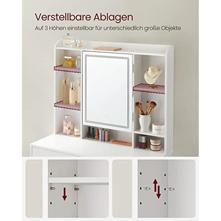 VASAGLE Schminktisch mit Beleuchtung, einstellbare Helligkeit, Hocker, Frisiertisch mit Spiegel, Kosmetiktisch mit verstellbaren Ablagen, 2 Schubladen, modern, wolkenweiß und pastellrosa – Bild 8
